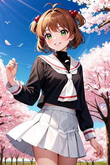 masterpiece, best quality, highres, kinomoto sakura, 1girl, brown hair, short hair, antenna hair, two side up, hair bobbles, green eyes, school uniform, white sailor collar, black shirt, long sleeves, white skirt, pleated skirt, <lora:kinomoto_sakura_v1:0.7>, cowboy shot, standing, cherry blossoms, outdoors, smile