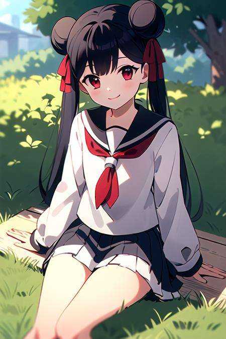masterpiece, best quality, <lora:meiling_scc:0.7> meiling_scc, 1girl, solo, long hair, black hair, looking at viewer, smile, bangs, red eyes, twintails, hair ribbon, double bun, outdoors, sitting, on grass, serafuku, pleated skirt, white skirt, black jacket, long sleeves, sunlight, flat chest, 