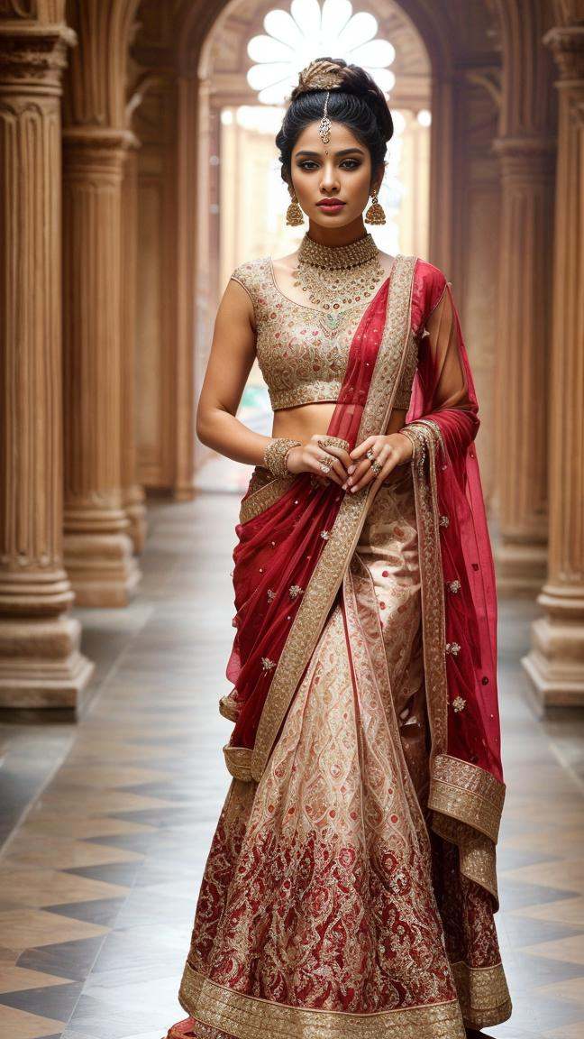 1 beautiful woman,  broadwalk,  red Indian Designer Dress on Tensor.Art