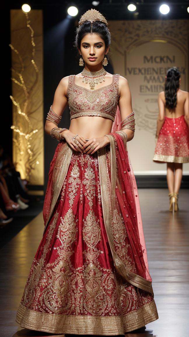 1 beautiful woman,  broadwalk,  red Indian Designer Dress on Tensor.Art