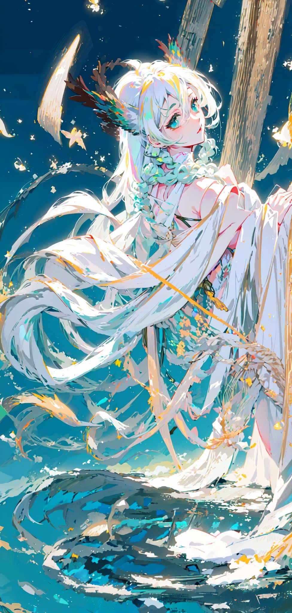  Masterpiece, anime, 8k, best quality, minimalism, simple graphics,
A girl green long hair, fairy tale style, 
Star-shaped crystal, (white dress:1.5), siting in the water, looking_at_viewer ,near by the lake,grass