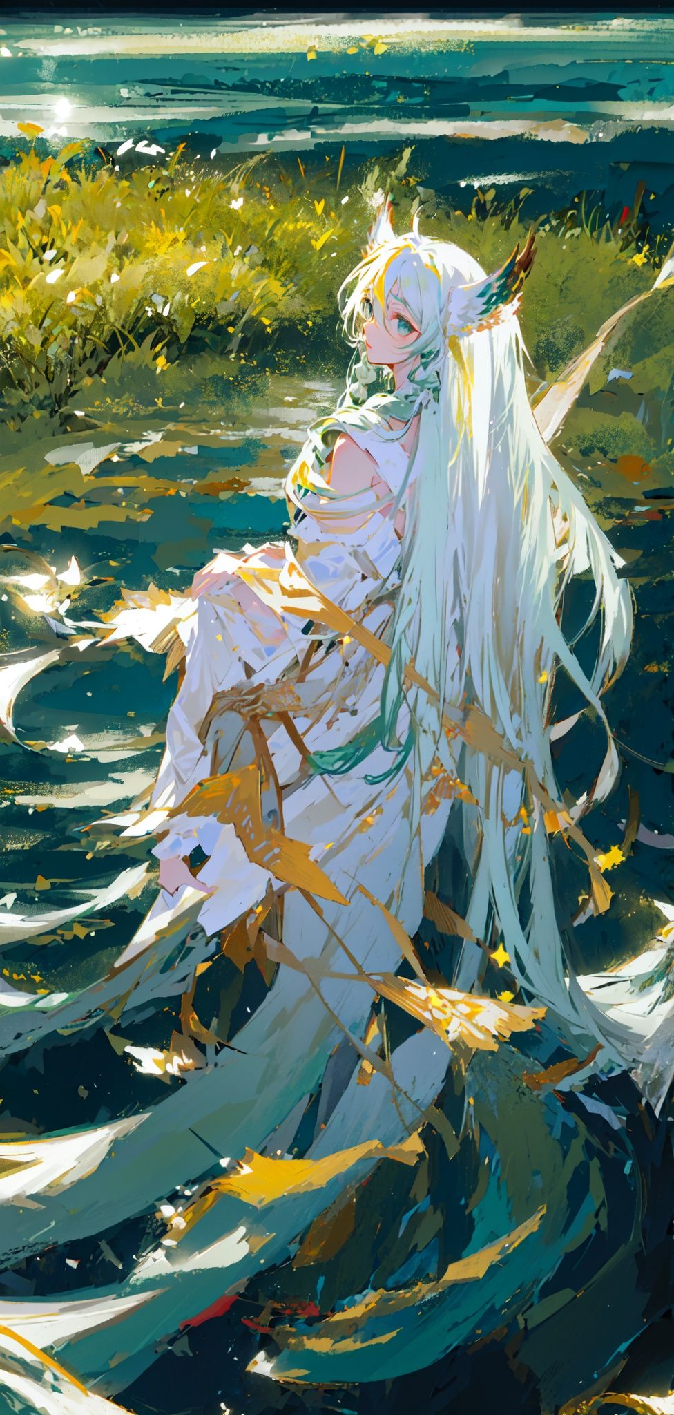  Masterpiece, anime, 8k, best quality, minimalism, simple graphics,
A girl green long hair, fairy tale style, 
Star-shaped crystal, (white dress:1.5), siting in the water, looking_at_viewer ,near by the lake,grass,