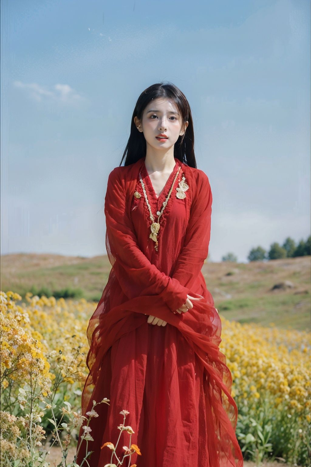 Best Quality,Masterpiece,Ultra High Resolution,(Realisticity:1.4),Original Photo,1girl,fullbody,<lora:hongqun:0.8>,in a meadow,