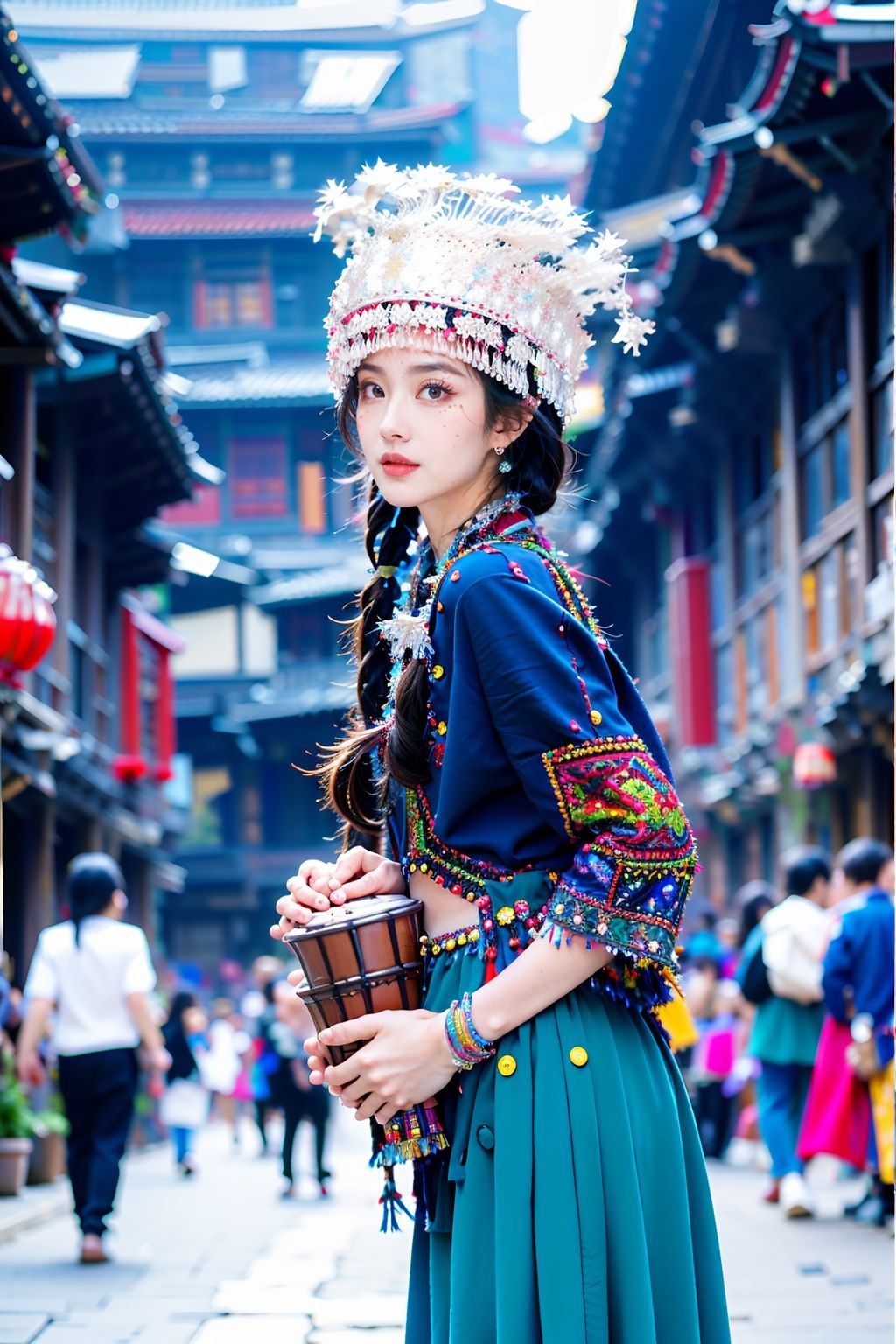 miaozu, 1girl, blurry, jewelry, blurry background, holding, bracelet, braid, cup, depth of field, looking at viewer, traditional clothes, lips, facial mark, beads, ring, earrings, outdoors, holding cup, solo, solo focus, twin braids, cowboy shot, parted lips, brown hair, long sleeves, hat, dress, long hair, standing, headdress, disposable cup, tassel, skirt, bangs, crown, red lips, from side, ribbon, blue dress