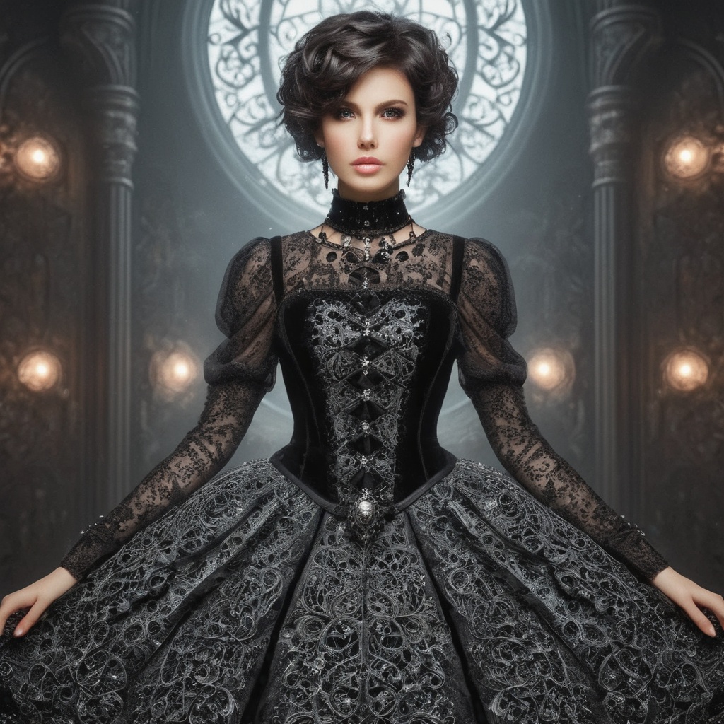 a gothic brunette girl,  pixie hair,  fractal intrincate dress on Tensor.Art