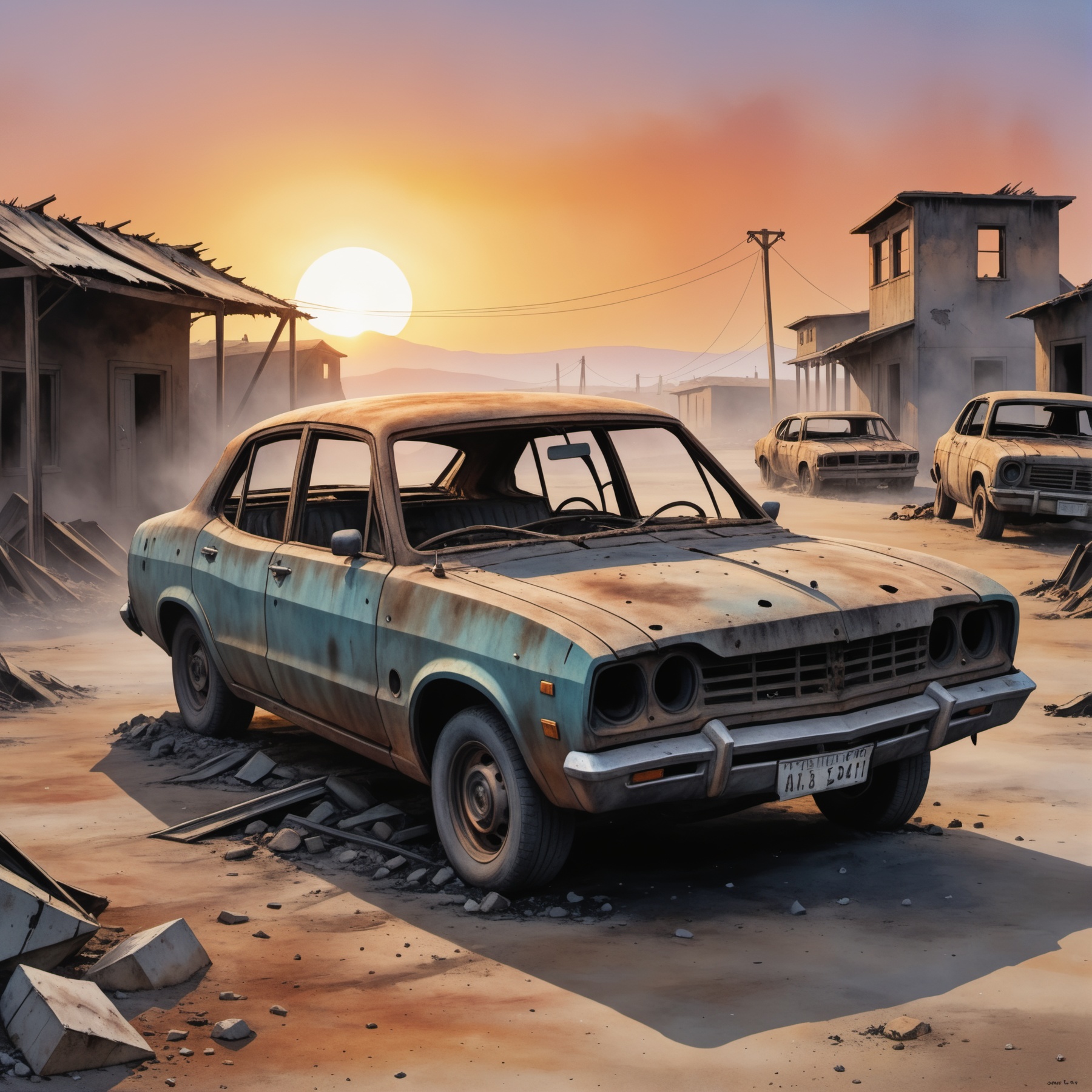 comic post-apocalyptic sunset at the end of the world of the new dawn,  burned out car in the front aquarelle drawing . gr...