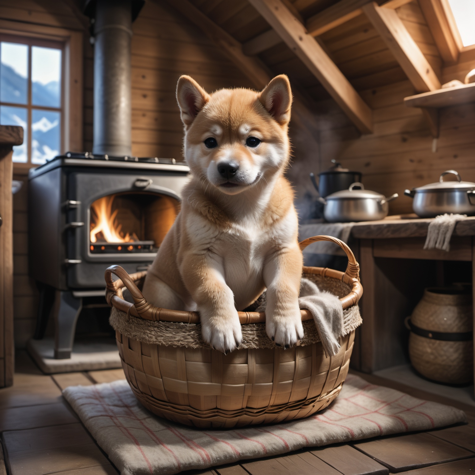 a cut shiba inu puppy is sitting in an basket in an mountain hut near the warm stove,  high quality photography,  3 point...