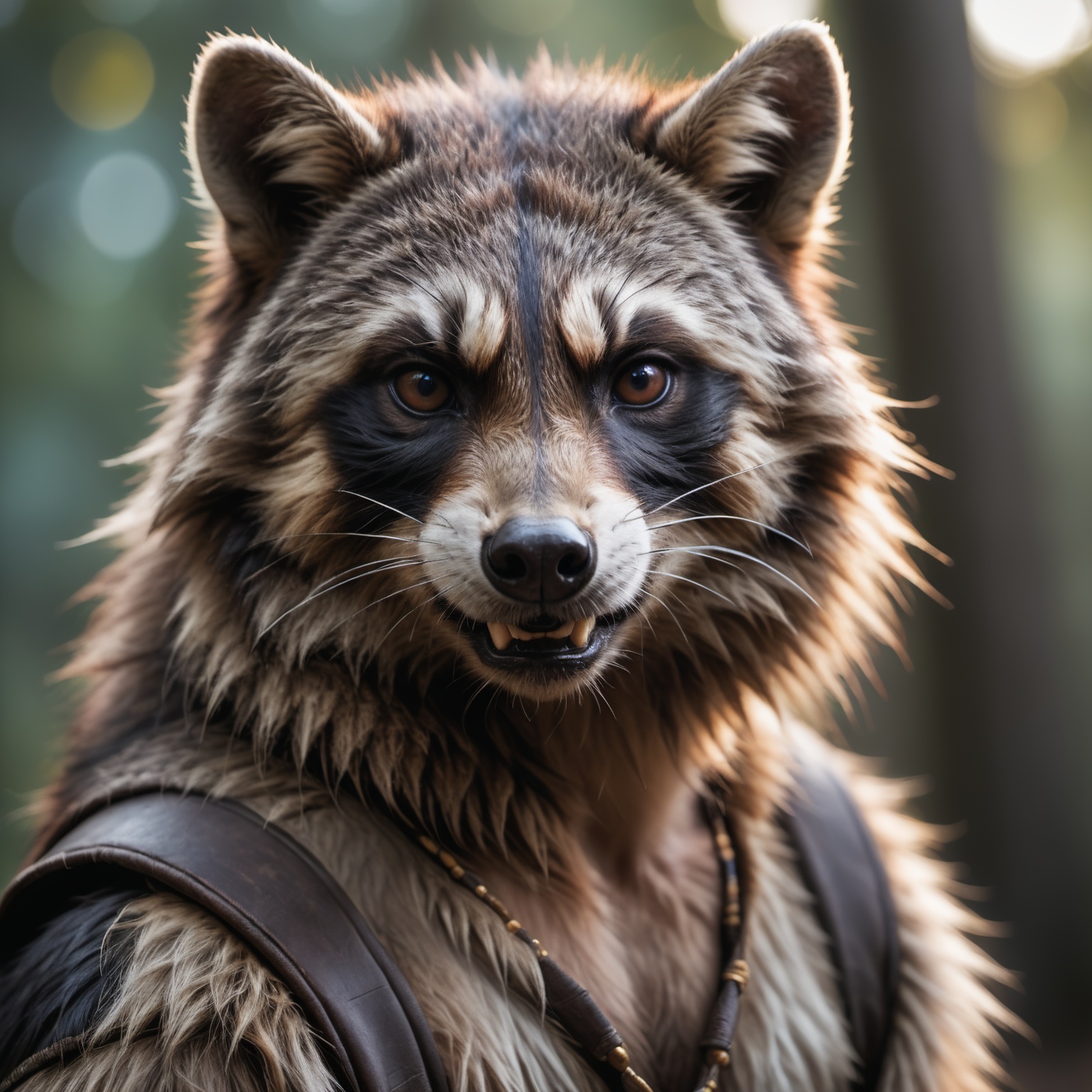 face portrait from an anthro male raccon,  fangs,  realistic fur on Tensor.Art