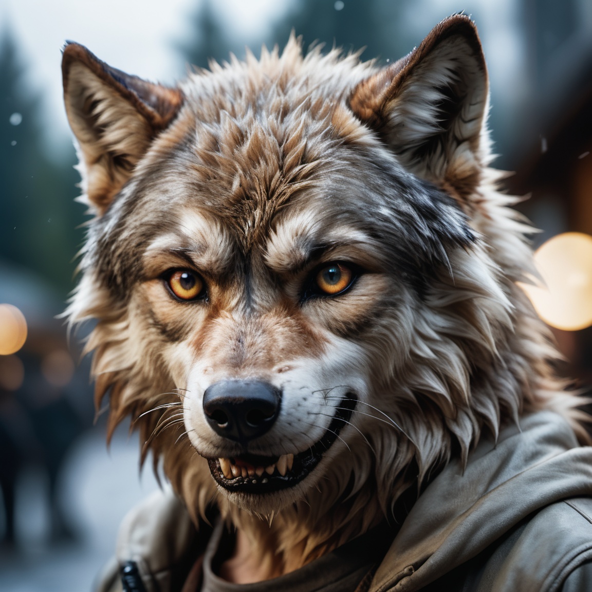 face portrait from a antro furry wolf male with visible fangs wearing wrker clothing ,  RAW candid cinema,  16mm on Tensor...