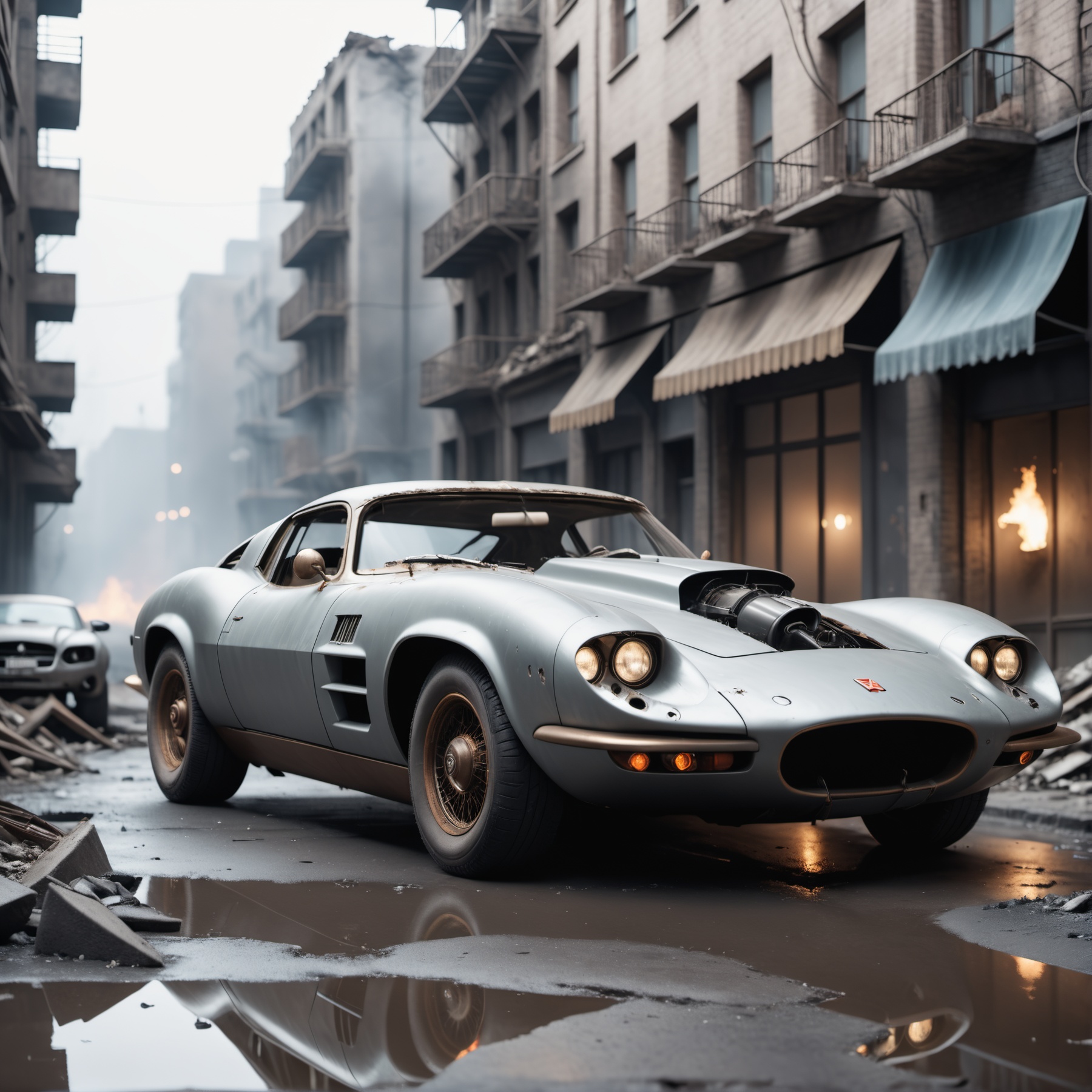 cinematic film still an futuristic cyberpunk,  dieselpunk sports car in a destroyed city after an nuclear blast . shallow...