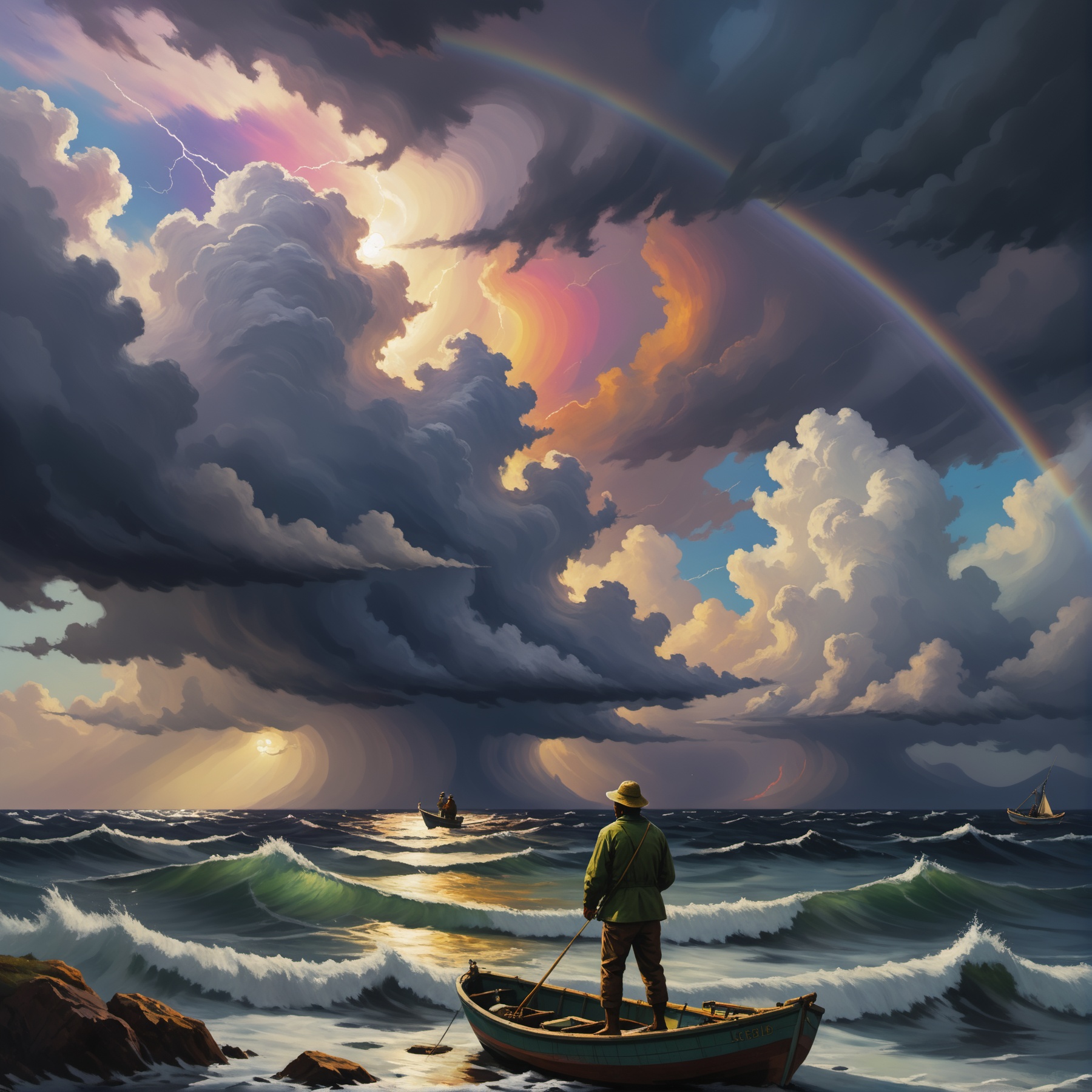 an impressionistic artwork LSD Trip an fisherman on open see in a stormy see ,  colorful sky on Tensor.Art