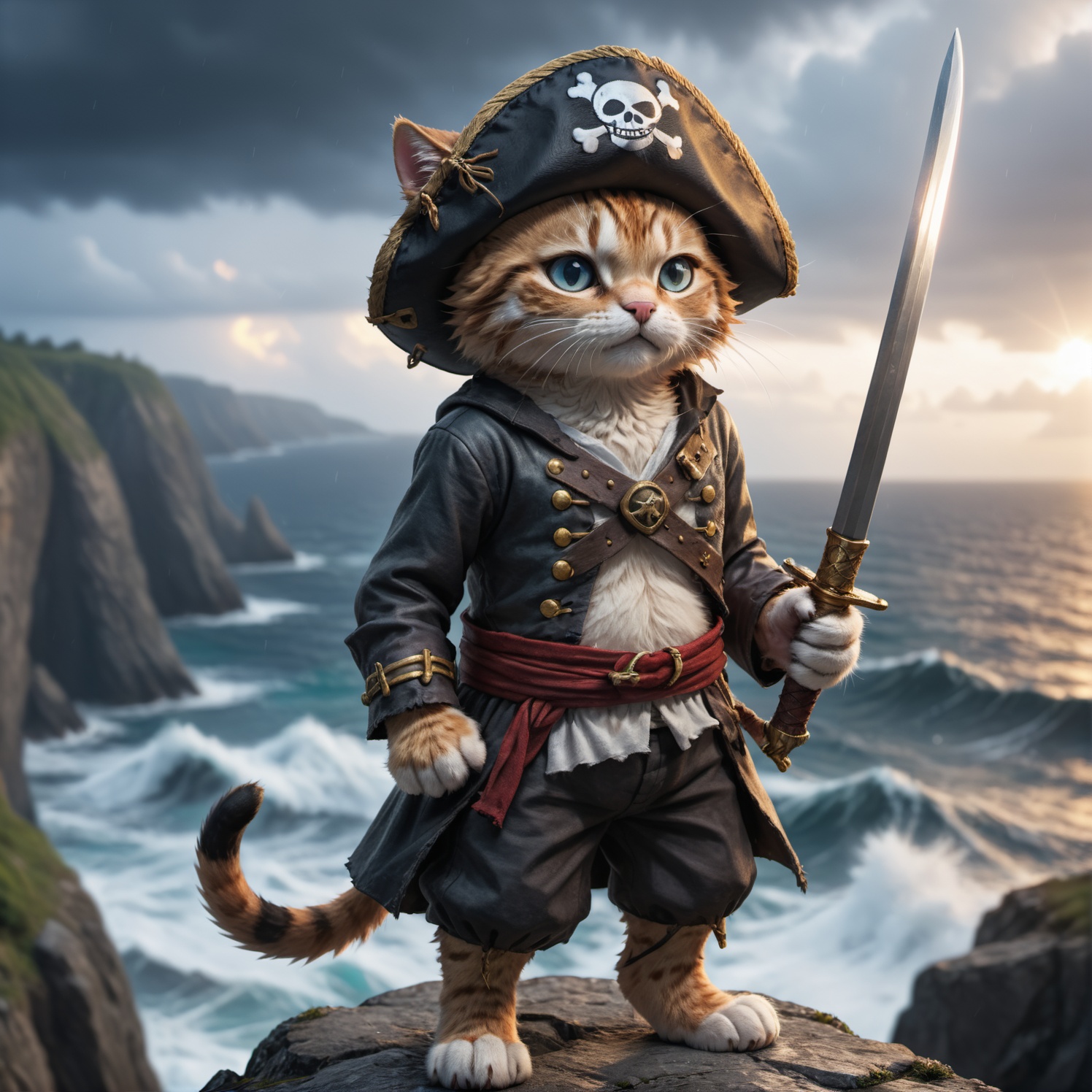 a cute cat pirat one piece outfit wearing a staw hat he is raising his saber and is standing on a cliff and is looking dow...