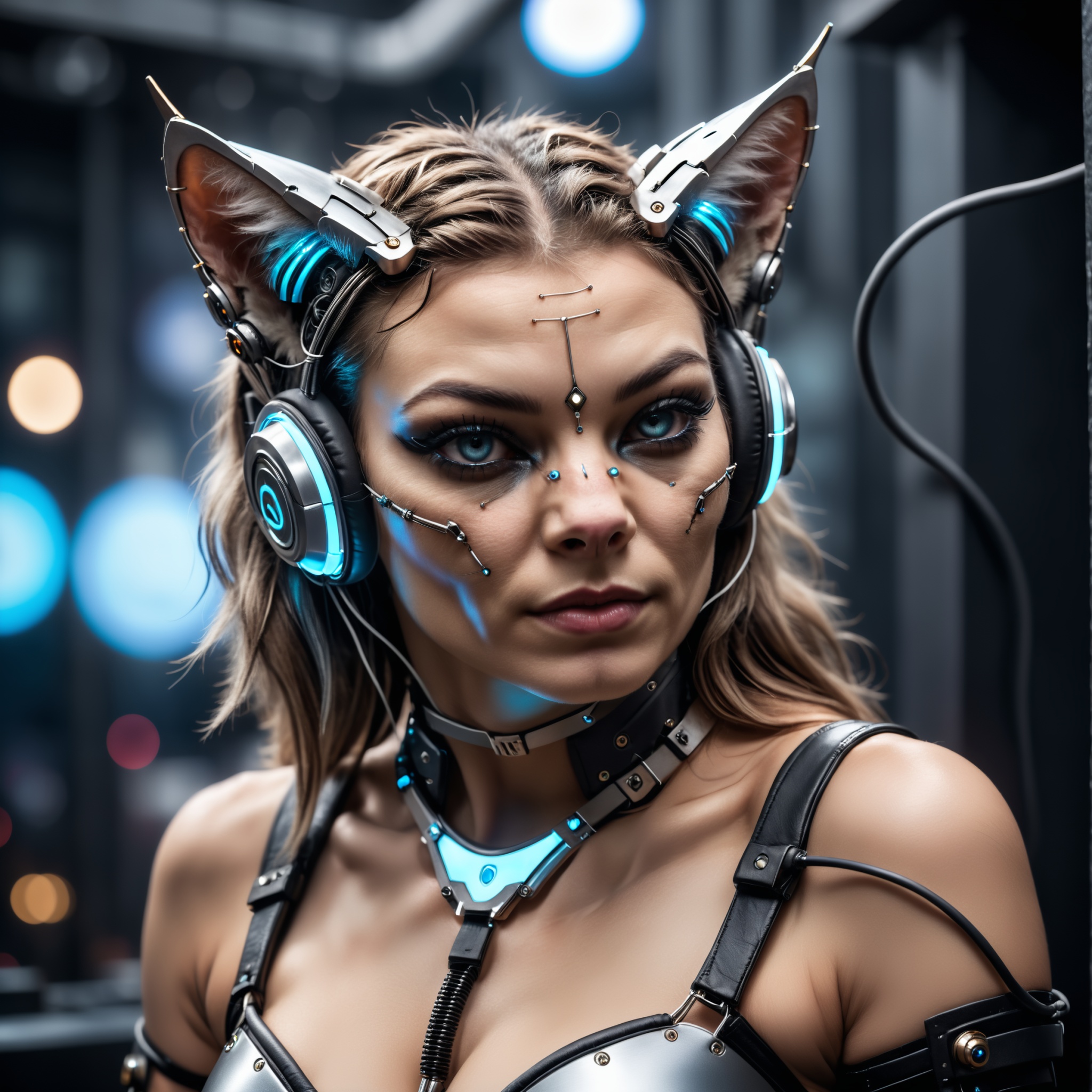 closeup of a cyborg woman with cat ears ,  cabel and wires cyberpunk nightclub background,  techno rave on Tensor.Art