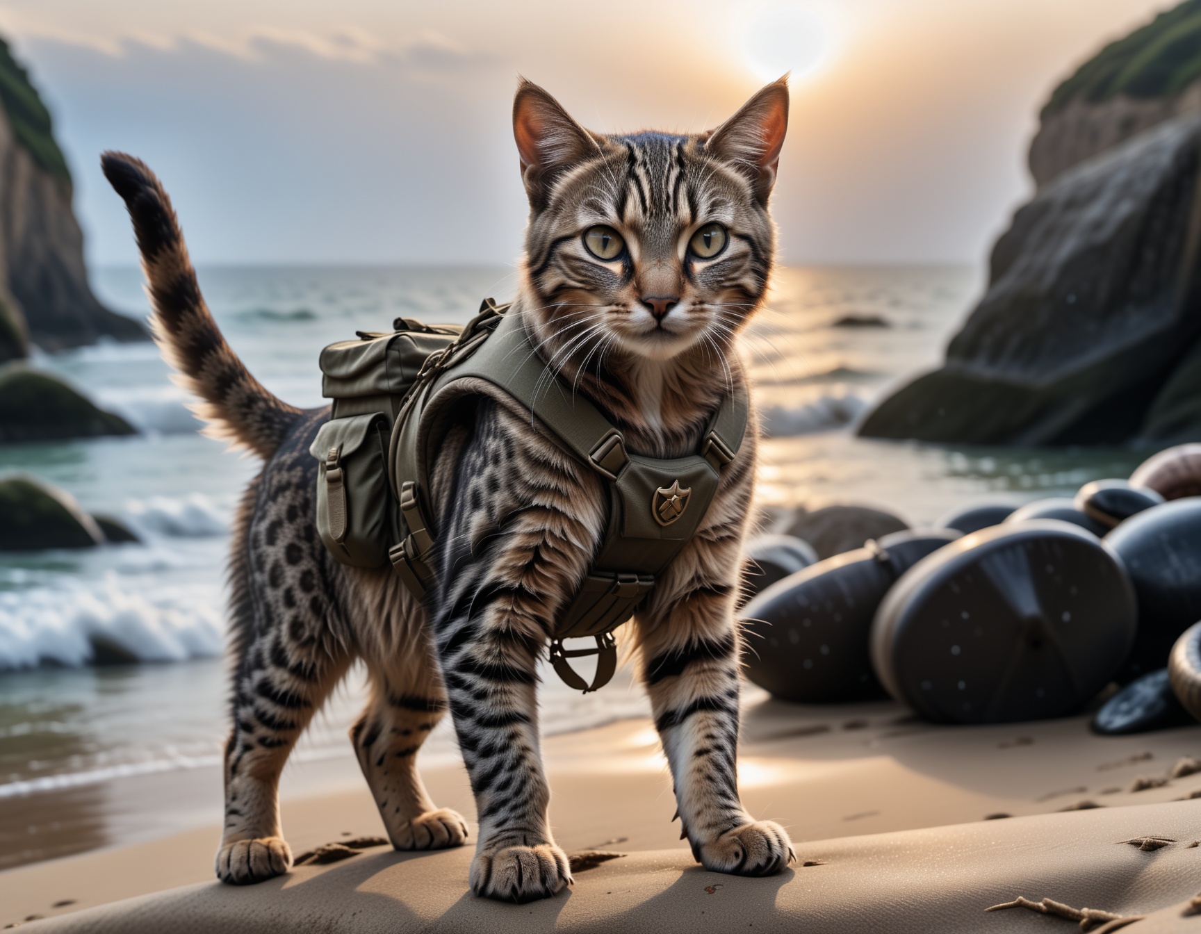 cinematic film still a cute cat soldier is storming omaha beach after the landing craft reached land ,  heavy gunfire towa...