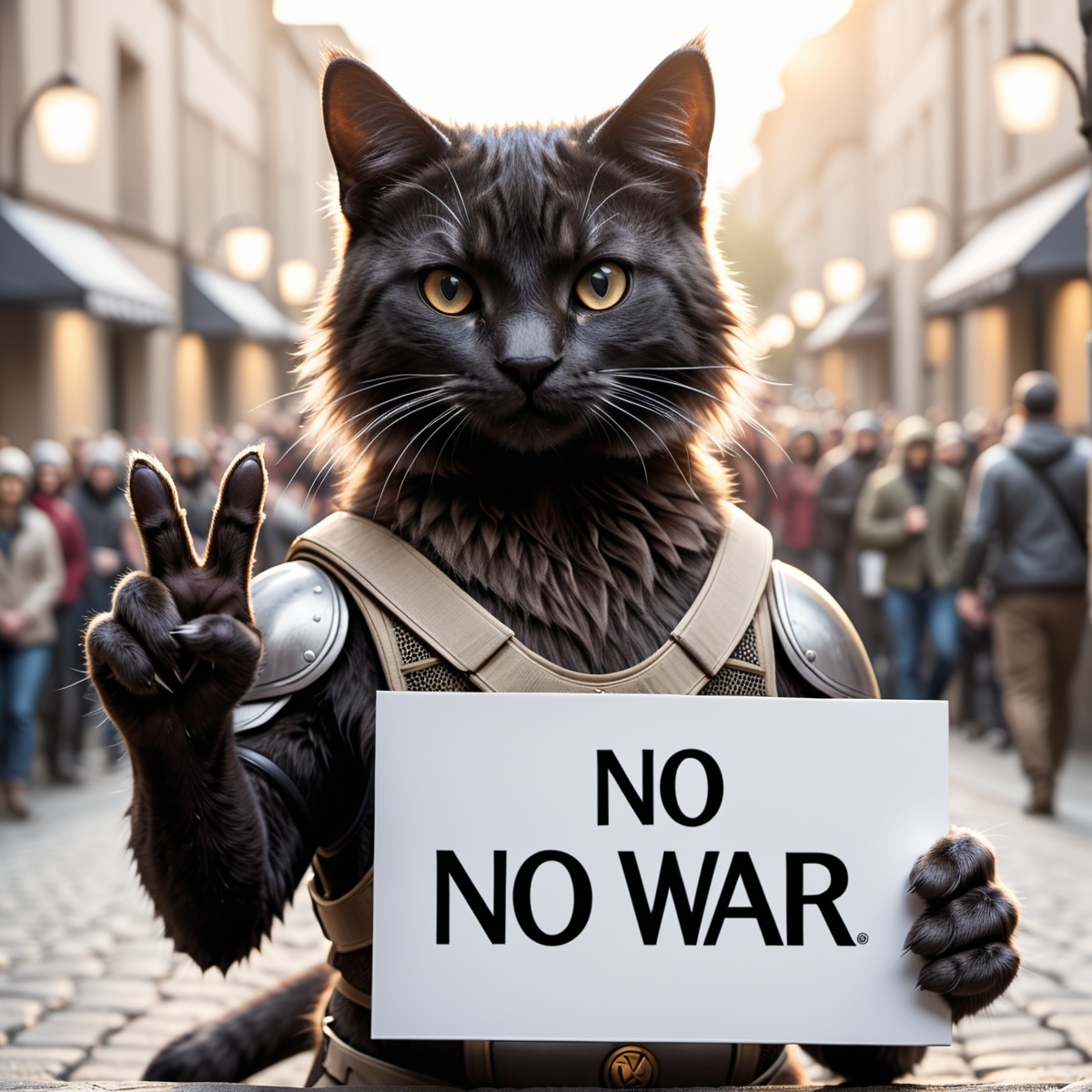 line art drawing cinematic film still a activist cat rally,  protesting against war,  making a peace sign on Tensor.Art