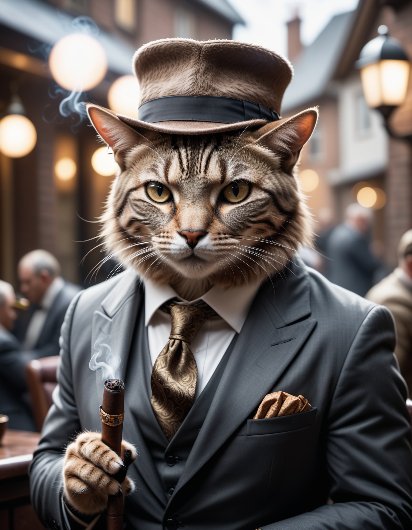 cinematic film still ((BBC Style)) picture of an cat mobster in (wildlife) ,  smoking his cigar . shallow depth of field,...