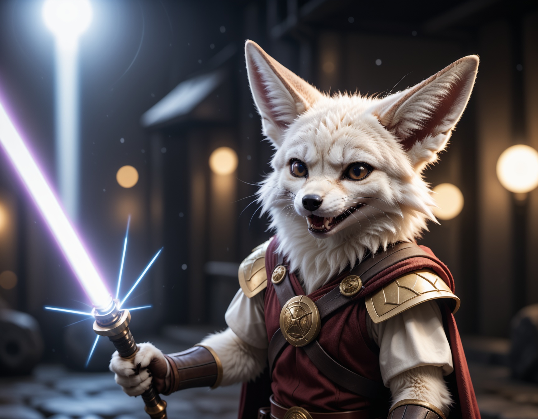 cinematic photo closeup of a cute white fennec fox with his light saber r,  angry ,  fangs on Tensor.Art