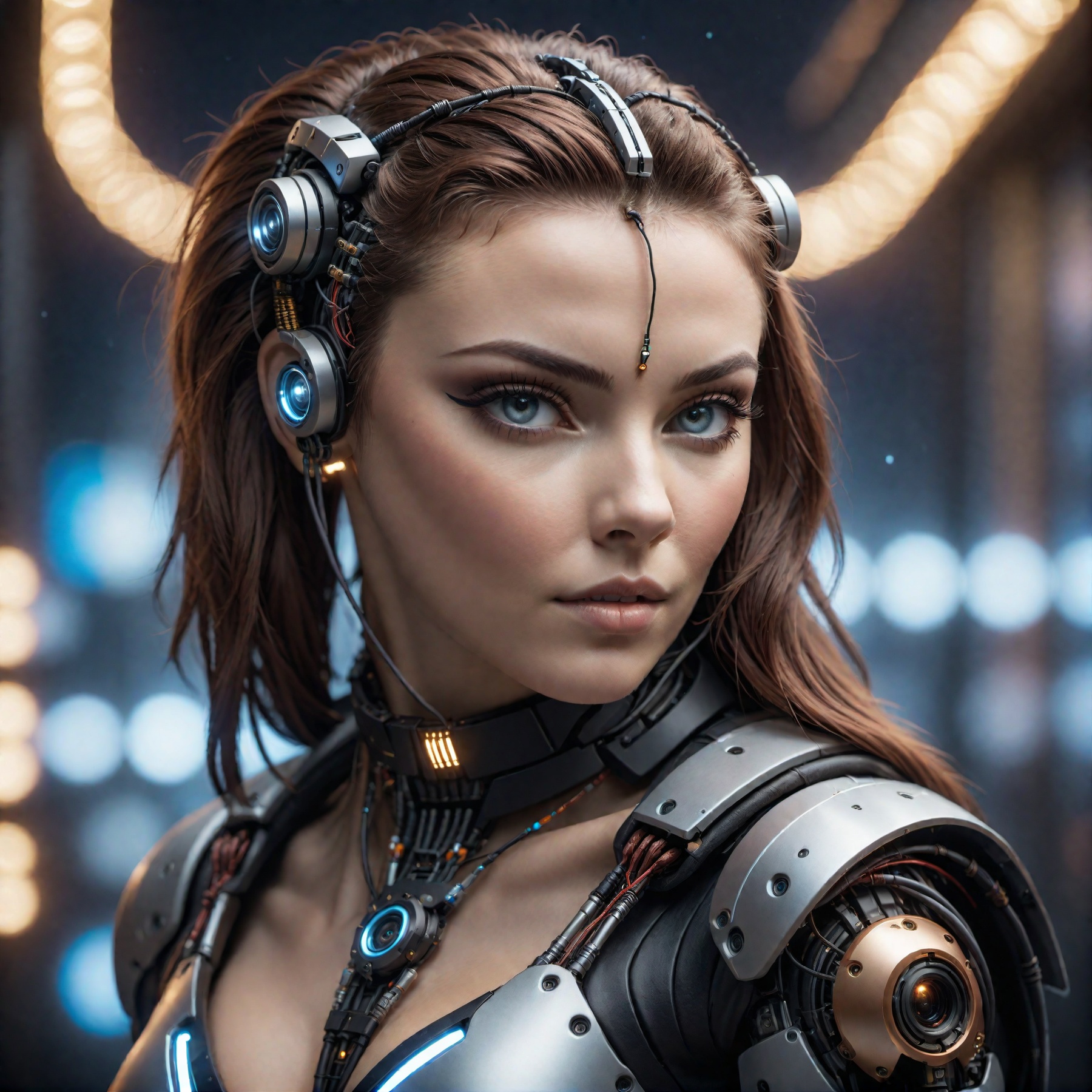 cinematic photo detailed closeup portraid of a Beautiful cyberpunk woman,  robotic parts,  cables on Tensor.Art
