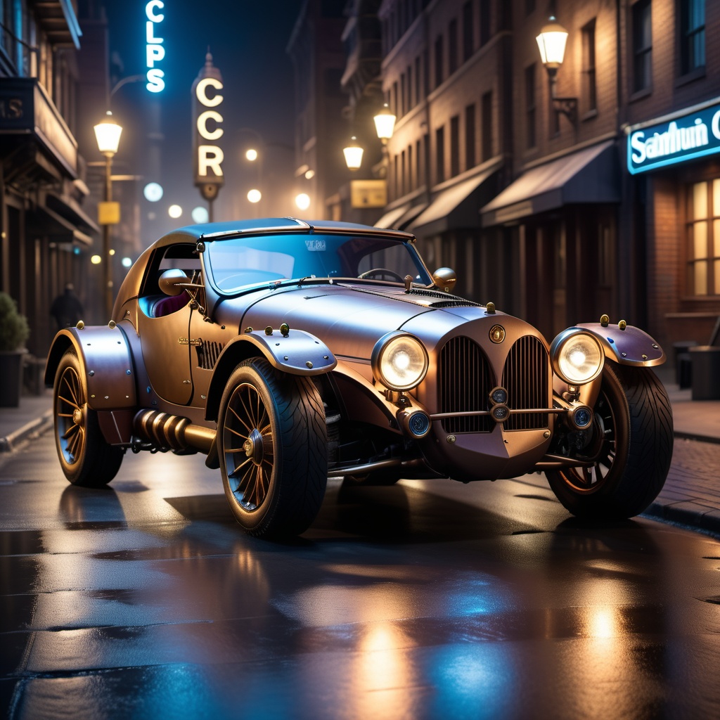 a steampunk sports car in a cyberpunk city at night,  high quality photography,  3 point lighting on Tensor.Art