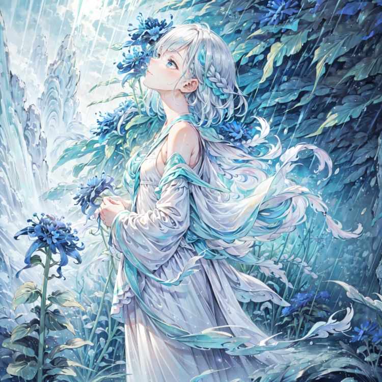 late at night, dark,  light rain, dark,  (((green,  silver,  glimmer)),  limited palette,  contrast,  phenomenal aesthetic,  best quality,  sumptuous artwork,  (masterpiece),  (best quality),  (ultra-detailed),  (((illustration))),  ((an extremely delicate and beautiful)),  (detailed light), light rain, dark, (((Cornflower))),  cornflower,  cornflower, vines,  forest,  ruins,  Blurred picture,  lens flare,  hdr,  Tyndall effect, damp, wet, 1girl,  bare shoulders, cold theme,  broken glass,  broken wall,  aqua theme,  white hair,  blinking,  white dress,  closed mouth,  constel lation,  flat color,  braid,  blinking,  white robe,  float,  closed mouth,  constel lation,  flat color,  looking up,  standing,  medium hair,  standing,  solo,<lora:EMS-73193-EMS:0.800000>