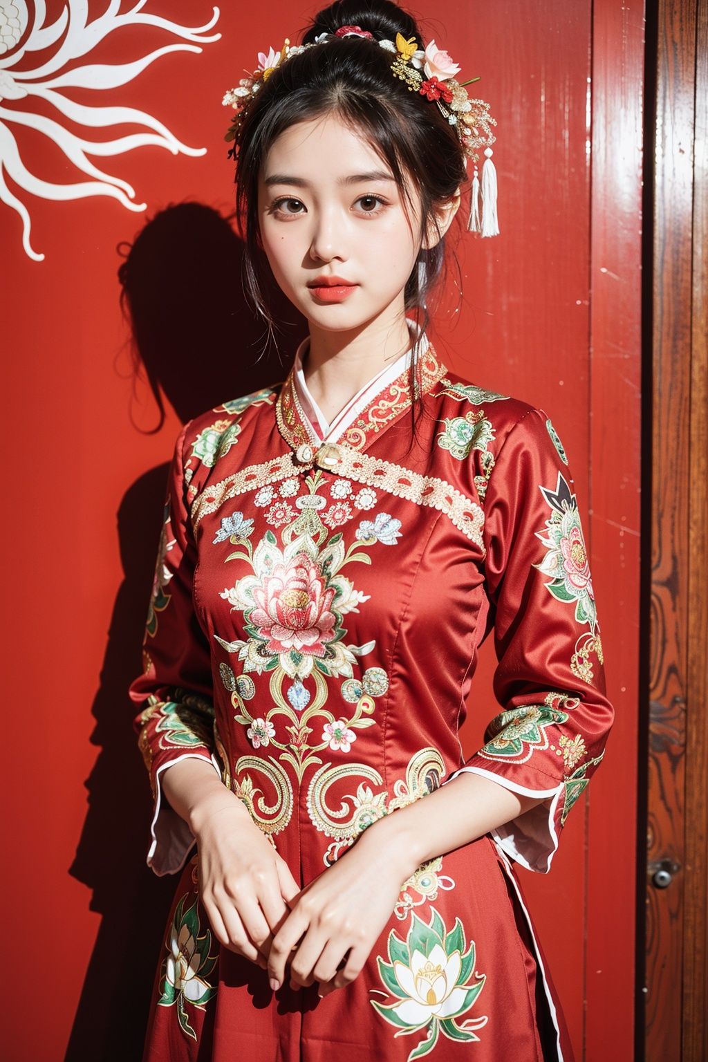  miaozu, Detail High, precision high, high quality, UHD, 16K, detail rich, rich elements, description, 1 girl, beauty, Lotus, Lotus, pearlygates, traditional dress, red dress, patterned dress, miao costumes,han,rainbow girl