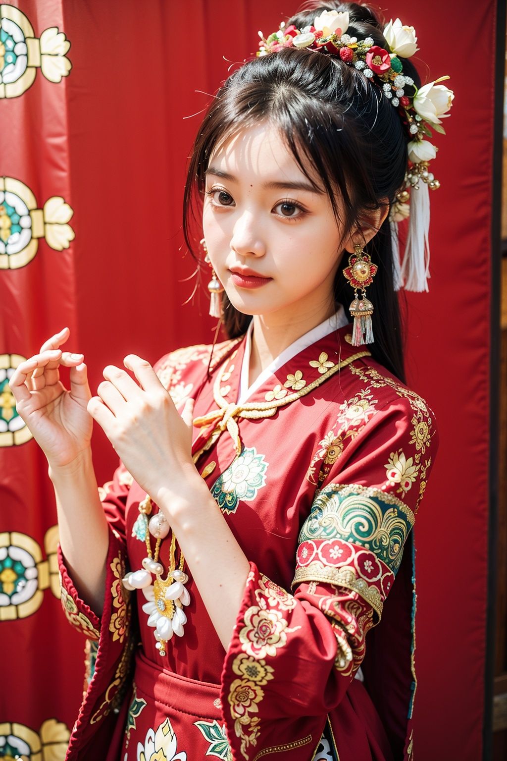  miaozu, Detail High, precision high, high quality, UHD, 16K, detail rich, rich elements, description, 1 girl, beauty, Lotus, Lotus, pearlygates, traditional dress, red dress, patterned dress, miao costumes,han,rainbow girl