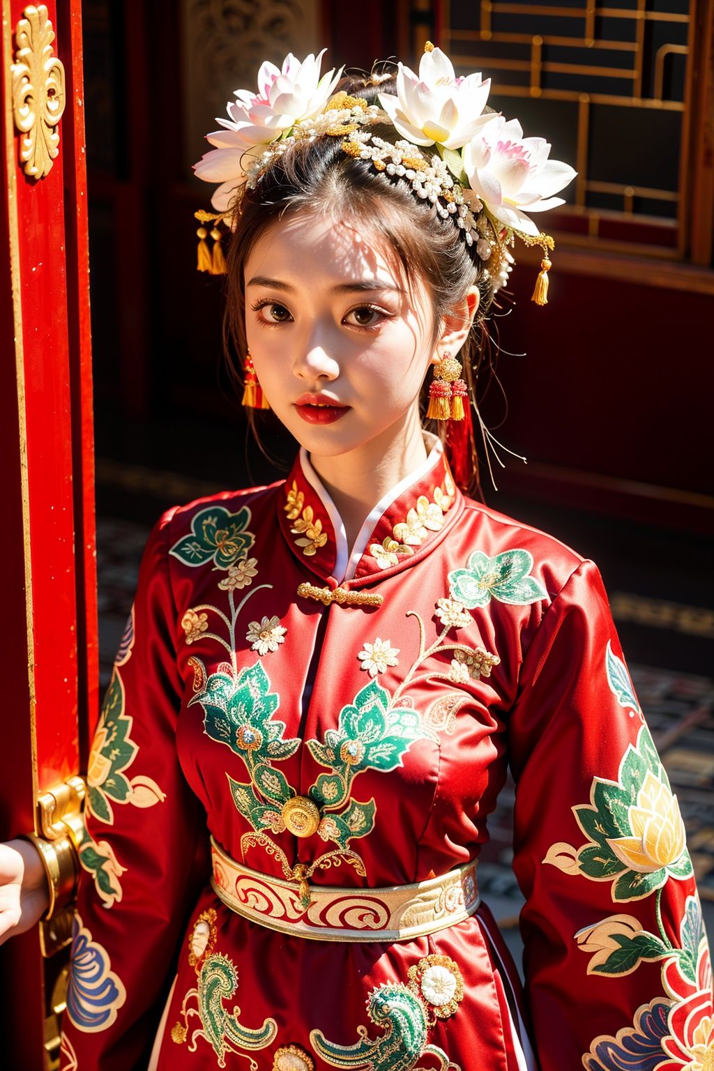  miaozu, Detail High, precision high, high quality, UHD, 16K, detail rich, rich elements, description, 1 girl, beauty, Lotus, Lotus, pearlygates, traditional dress, red dress, patterned dress, miao costumes,han,rainbow girl