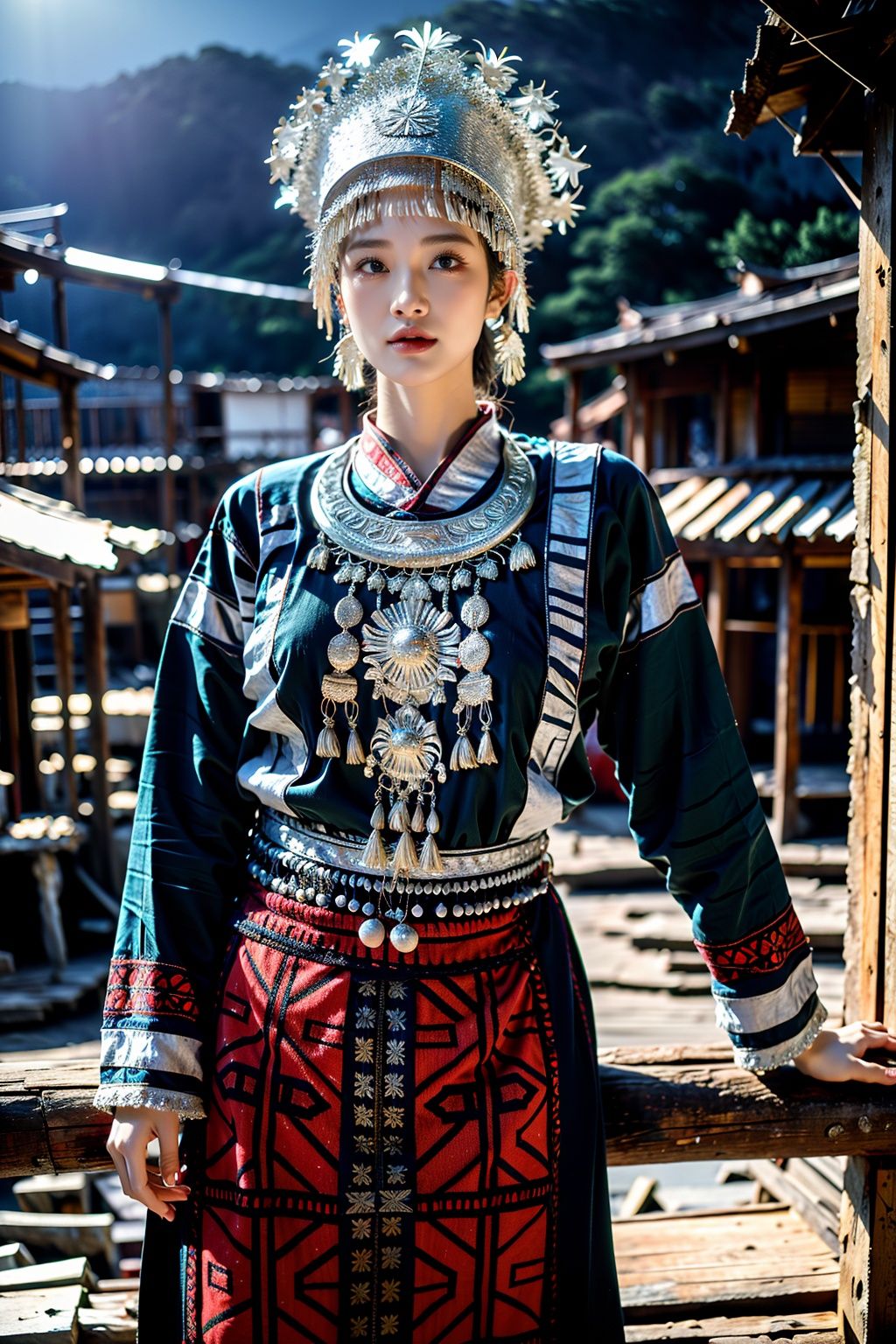  miaozu, 1girl, solo, looking at viewer, black hair, outdoors, blurry, blurry background, long sleeves, hat, chinese clothes, jewelry, lips, standing, dress, black eyes, night, red lips, closed mouth