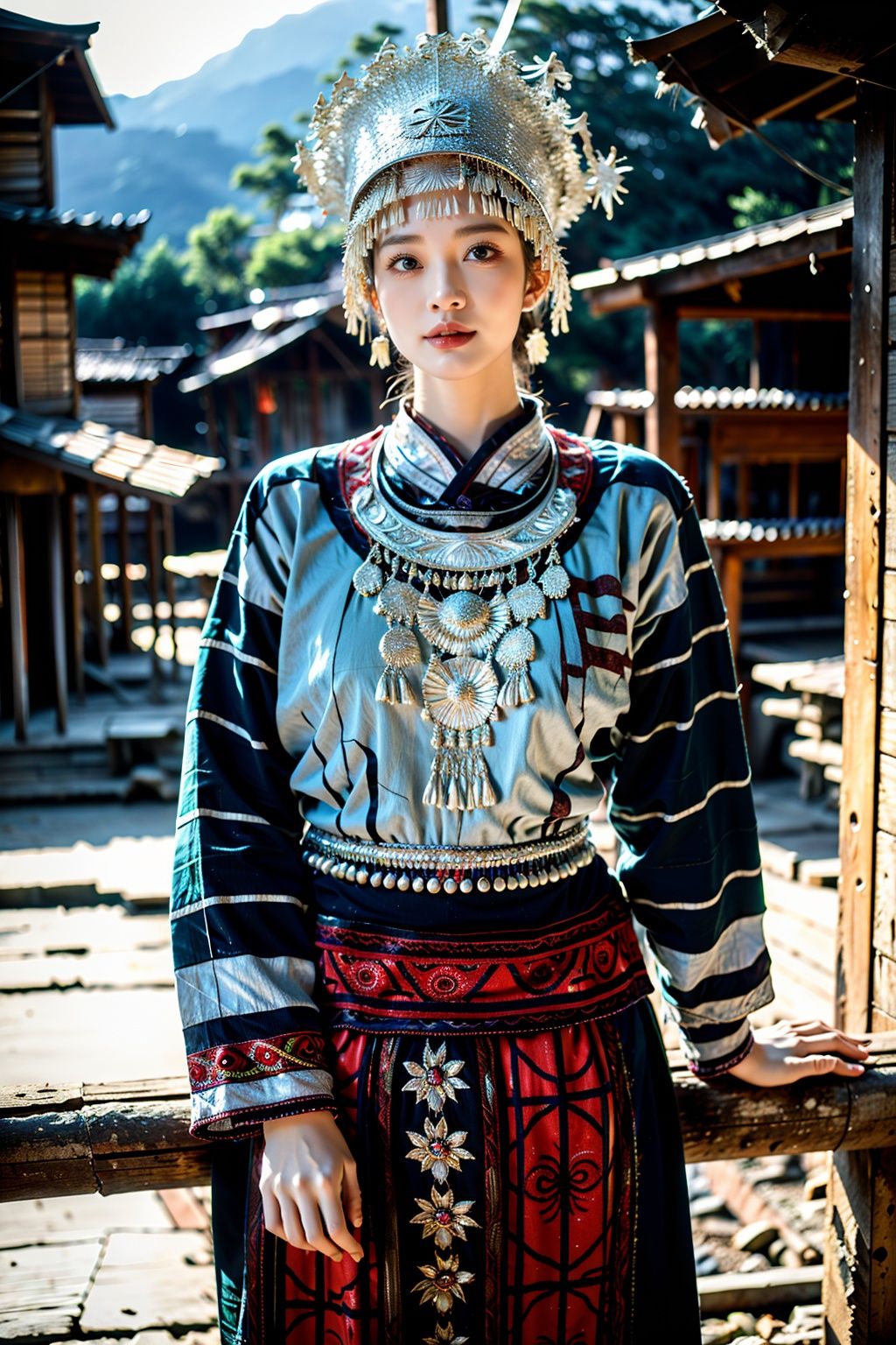  miaozu, 1girl, solo, looking at viewer, black hair, outdoors, blurry, blurry background, long sleeves, hat, chinese clothes, jewelry, lips, standing, dress, black eyes, night, red lips, closed mouth