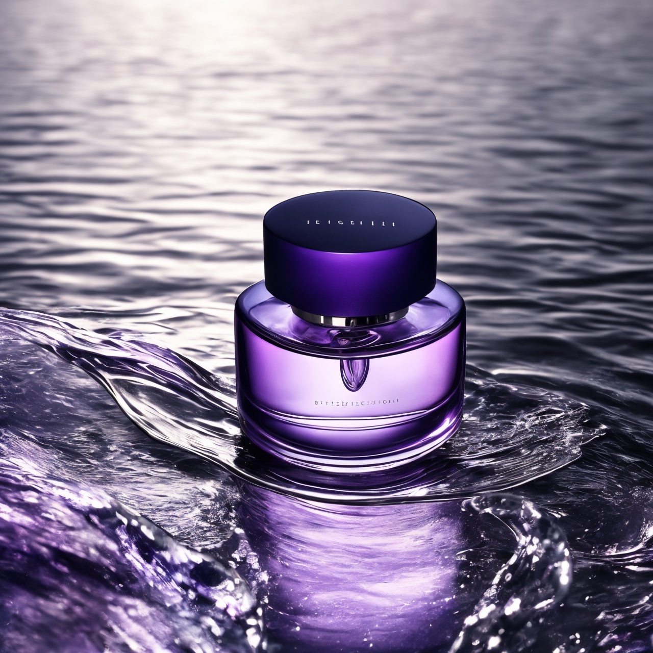 A beautiful, highly-detailed photograph captured in 8k resolution with exceptional quality and masterful composition. The image depicts a perfume bottle as the main subject, showcasing its intricate design and luxurious packaging. The photo-realistic rendering brings out every minute detail, from the glossy finish of the bottle to the delicate curves of its silhouette. The background features a mesmerizing shiny surface in shades of purple, creating an elegant and captivating atmosphere. The water surface reflects light, enhancing the overall visual impact. The focus is solely on the perfume bottle, emphasizing its distinct features. This image is intended to showcase the product's exquisite craftsmanship and allure.