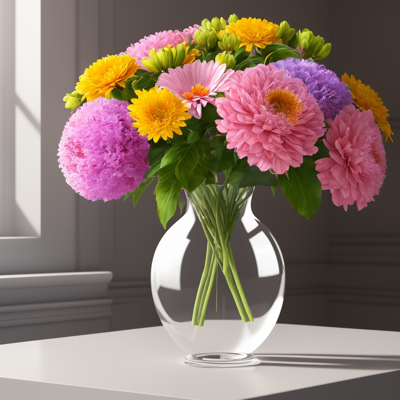 (bright colors,vibrant colors) flower vase, (photorealistic,realistic:1.37) 3D rendering, (best quality,4k,8k,highres,masterpiece:1.2) (ultra-detailed,extremely detailed) (smooth,rounded) curves, stunning (transparency,translucent qualities), (realistic,three-dimensional representation) of flowers, (subtle lighting effects,soft lighting) (emphasizing the shape and texture), (detailed, intricate) petals, (chromatic,colorful) (flower arrangement,bouquet), (decorative,ornamental) vase design, visually appealing (composition,arrangement), (realistic reflections,shimmering reflections) on the smooth glass surface, (fresh, blooming) flowers with (vibrant,pastel) colors, (soft,subtle) shadows, (impressive, lifelike) depth perception, (impeccable,polished) texture, (highly detailed,fine details) on the vase's surface, (high quality,professional) 3D modeling, (meticulous,precise) attention to (size,scale) and proportions.