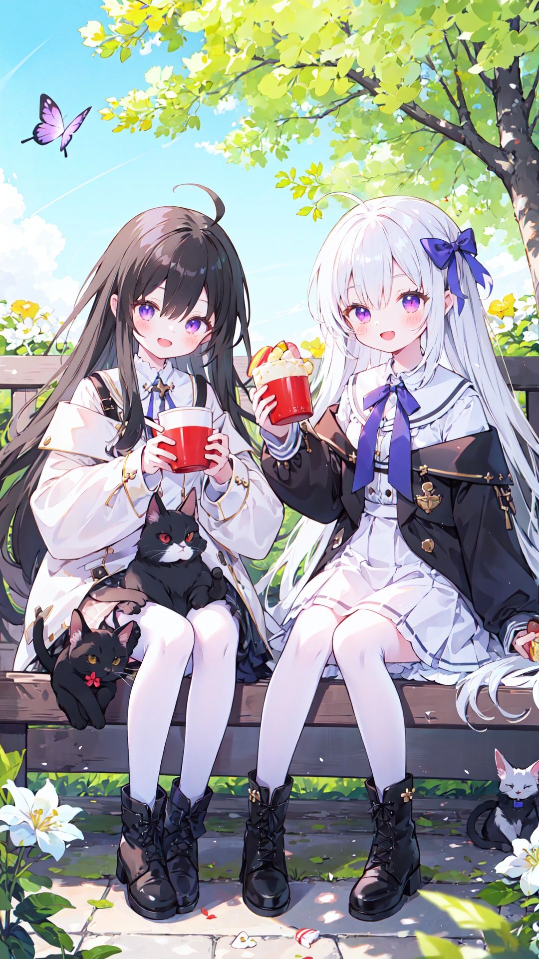 smile, lace-up boots, multiple girls, holding, 2girls, boots, sleeves past wrists, red eyes, shirt, sleeves past fingers, :d, very long hair, animal, purple eyes, outdoors, long hair, hair over one eye, day, white shirt, black footwear, cat, black hair, bangs, cross-laced footwear, skirt, off shoulder, ahoge, black cat, cup, flower, bento, closed mouth, long sleeves, sandwich, butterfly, holding cup, rabbit, bow