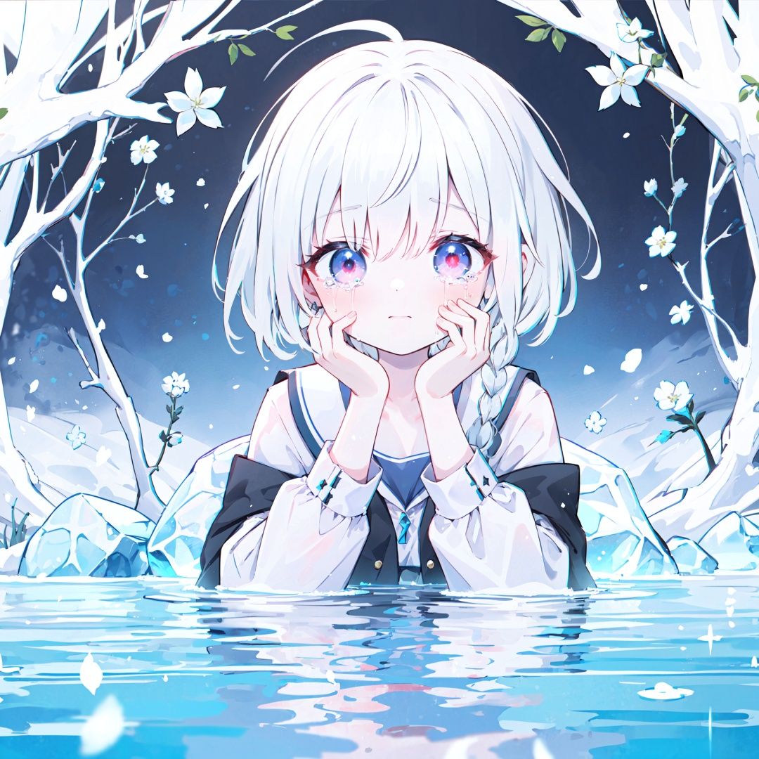  e:1.4), (streaming tears), sad, (Edelweiss), (Edelweiss), (Edelweiss), Ice crystal,Major Snow,looking at viewer, both hands on own cheek,White shirt , (white hair, short hair, braid,bangs:1.2), (glowing eyes), ripples, dark water, In water,