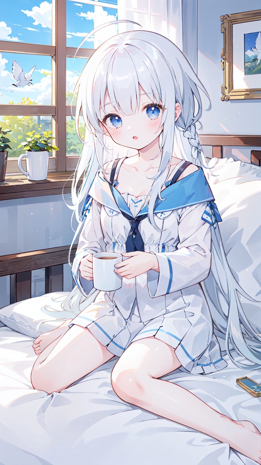 finely detail,(dark),Depth of field,(((masterpiece))),((extremely detailed CG unity 8k wallpaper)),best quality,high resolution illustration,Amazing,intricate detail,(best illumination, best shadow, an extremely delicate and beautiful),
White curtains,cloud,window,sky,open_window,cloudy_sky,blue_sky,indoors,ahoge,Simple European style architecture,
1girl,solo,ahoge,sitting,silver hair,long_hair,braid,blue_eyes,bed,Sky blue bed sheets,pillow,night,bird,looking_at_viewer,clock,White shirt,clavicle,White short skirt,bare legs,barefoot,Holding a mug,