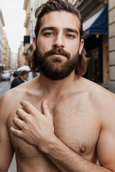 a photo of a 30 yo man with unstyled hair with shaved beard showing his hands on Tensor.Art