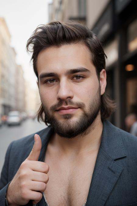 a photo of a 30 yo man with unstyled hair with shaved beard showing his hands with on Tensor.Art