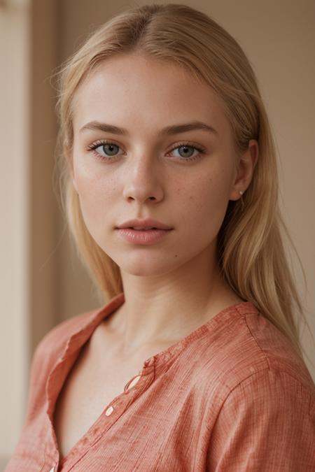 RAW photo,  portrait of a beautiful blonde woman wearing a red shirt ,  8k uhd on Tensor.Art