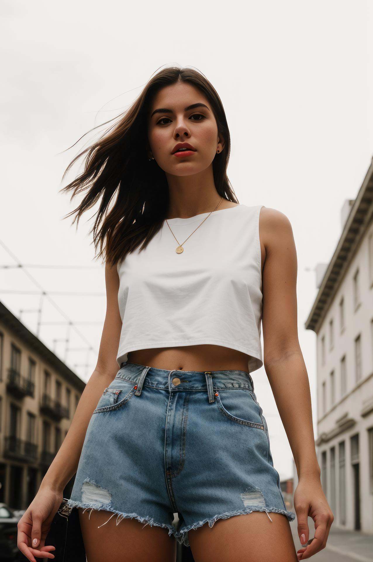 street fashion photography photo of a beautiful young woman,  apathetic facial expression,  white crop top with high-waist...