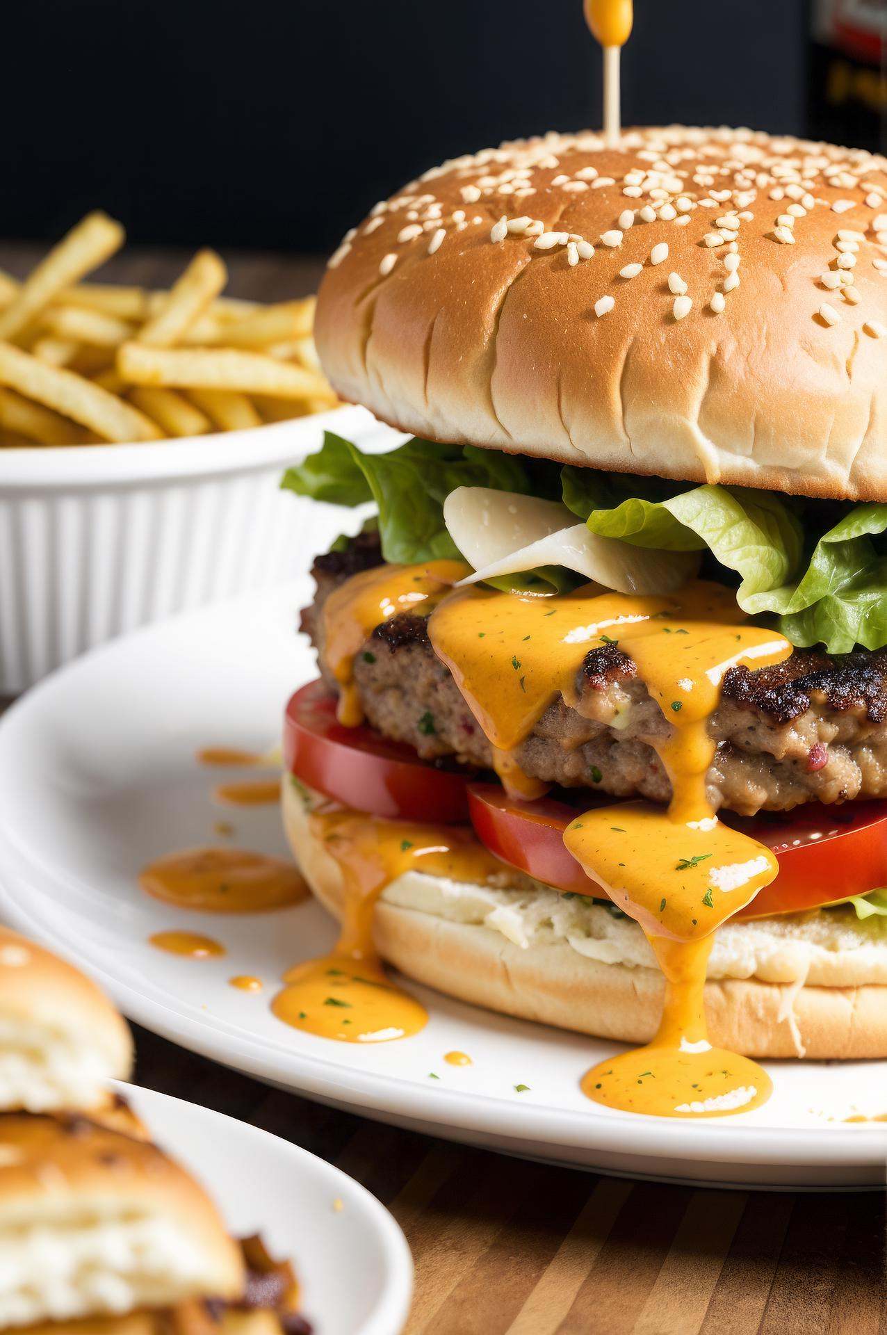 food photography photo of a burger with cheese,  maximum detail,  foreground focus on Tensor.Art