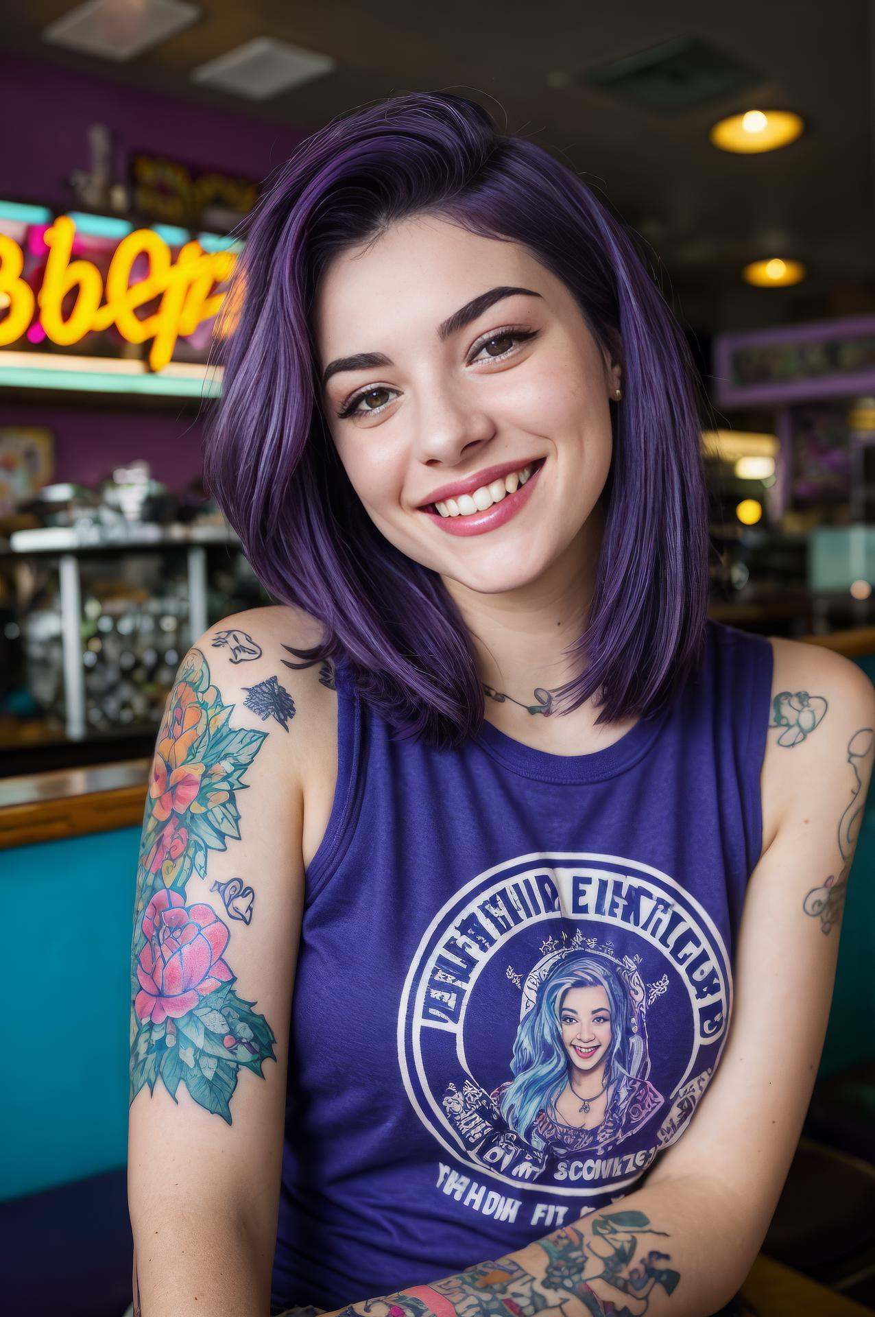 street photography photo of a young woman with purple hair,  smile,  happy on Tensor.Art