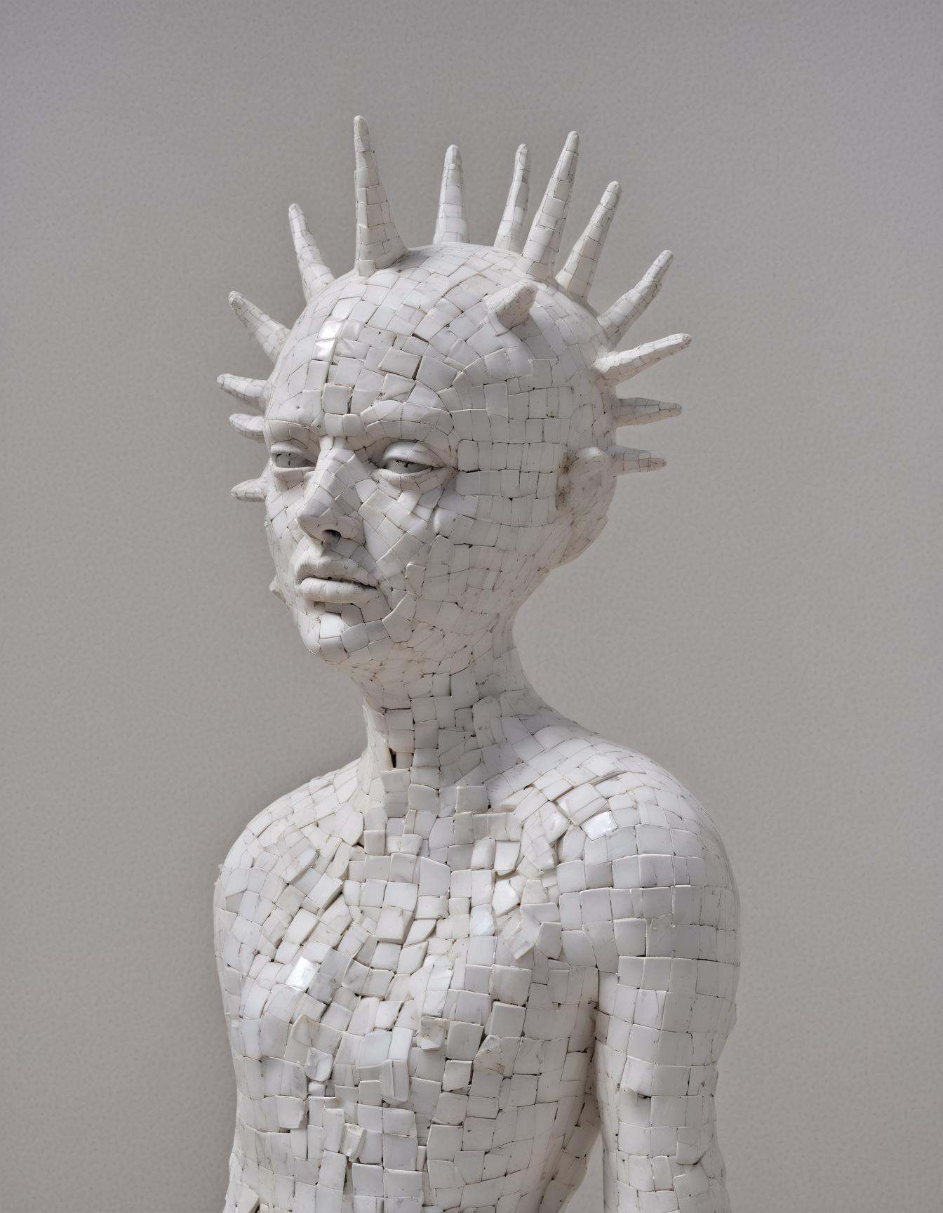portrait as sculpture made of Delicate porcelain shards,  geometric patterns,  ethereal fabric wisps on Tensor.Art