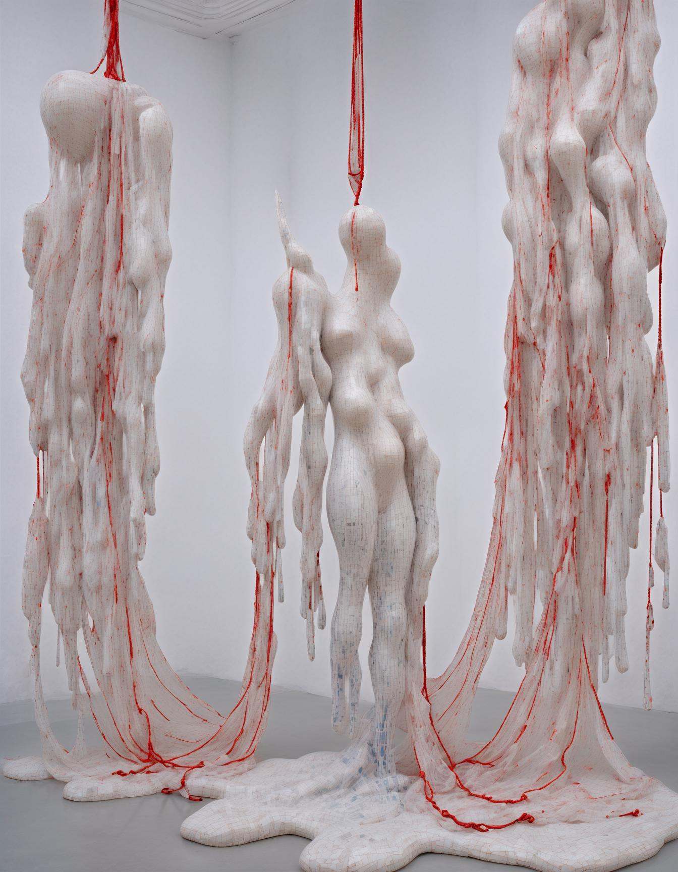 as sculpture made of Delicate porcelain shards,  geometric patterns ethereal fabric wisps,  suspended in midair on Tensor.Art