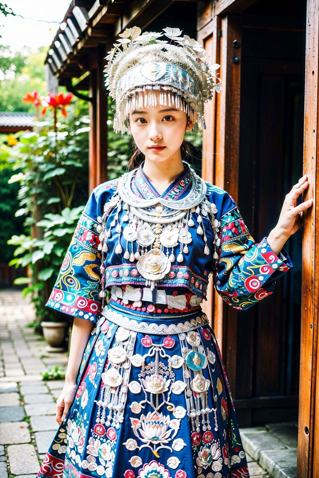  miaozu,1girl,moyou, detailed high, high precision, high quality, the UHD, 16 k, rich details, abundant element, shows that a girl, beautiful, lotus, lotus leaf, pearlygates, traditional clothing, clothing patterns, miao clothing headwear