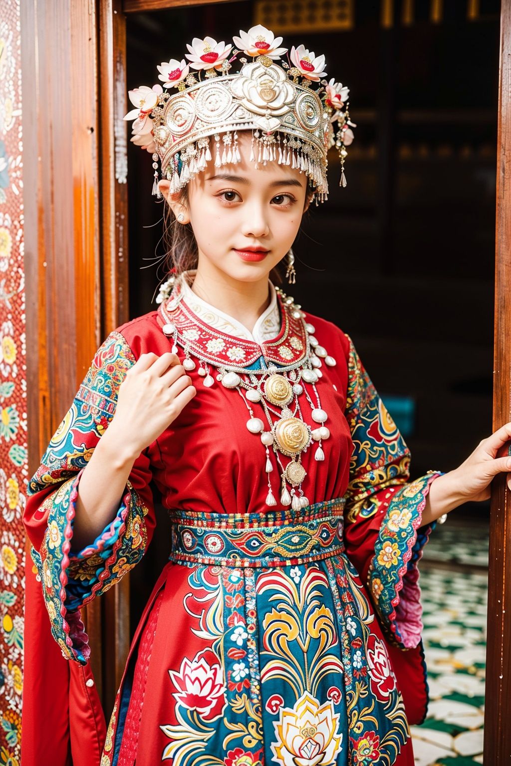  miaozu, Detail High, precision high, high quality, UHD, 16K, detail rich, rich elements, description, 1 girl, beauty, Lotus, Lotus, pearlygates, traditional dress, red dress, patterned dress, miao costumes,han,rainbow girl