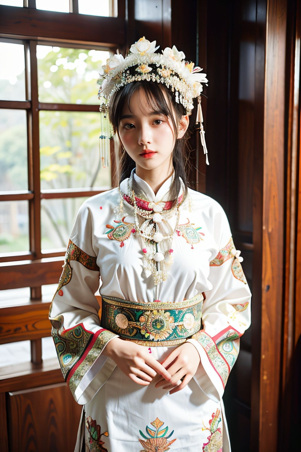  miaozu,1girl,moyou, detailed high, high precision, high quality, the UHD, 16 k, rich details, abundant element, shows that a girl, beautiful, lotus, lotus leaf, pearlygates, traditional clothing, clothing patterns, miao clothing headwear