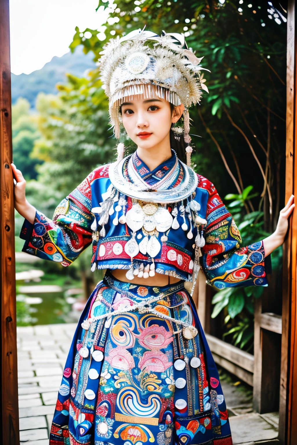  miaozu,1girl,moyou, detailed high, high precision, high quality, the UHD, 16 k, rich details, abundant element, shows that a girl, beautiful, lotus, lotus leaf, pearlygates, traditional clothing, clothing patterns, miao clothing headwear