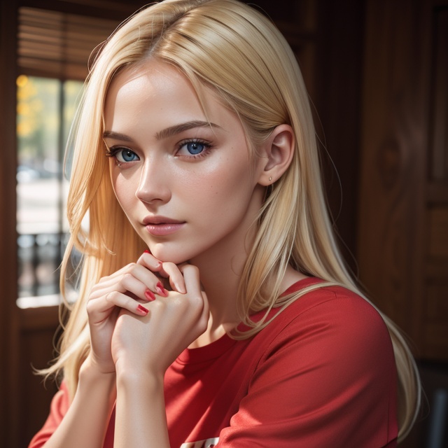 RAW photo,  portrait of a beautiful blonde woman wearing a red shirt ,  8k uhd on Tensor.Art