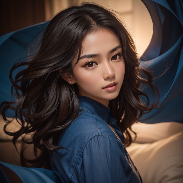 RAW photo,  portrait of a beautiful Asian brown hair woman wearing a blue shirt ,  8k uhd on Tensor.Art
