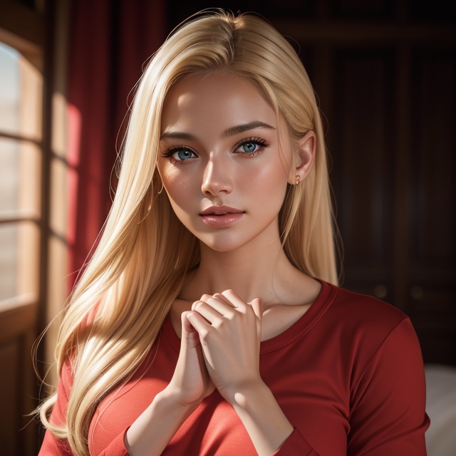 RAW photo,  portrait of a beautiful blonde woman wearing a red shirt ,  8k uhd on Tensor.Art