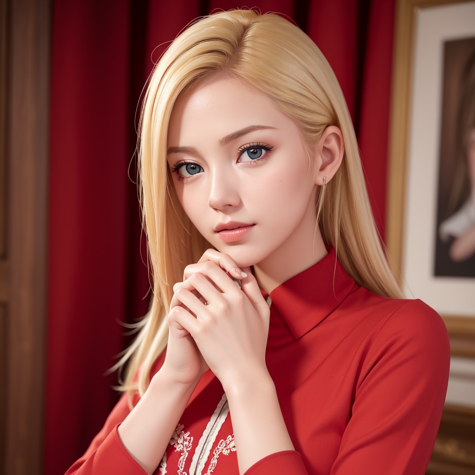 RAW photo,  portrait of a beautiful blonde woman wearing a red shirt ,  8k uhd on Tensor.Art